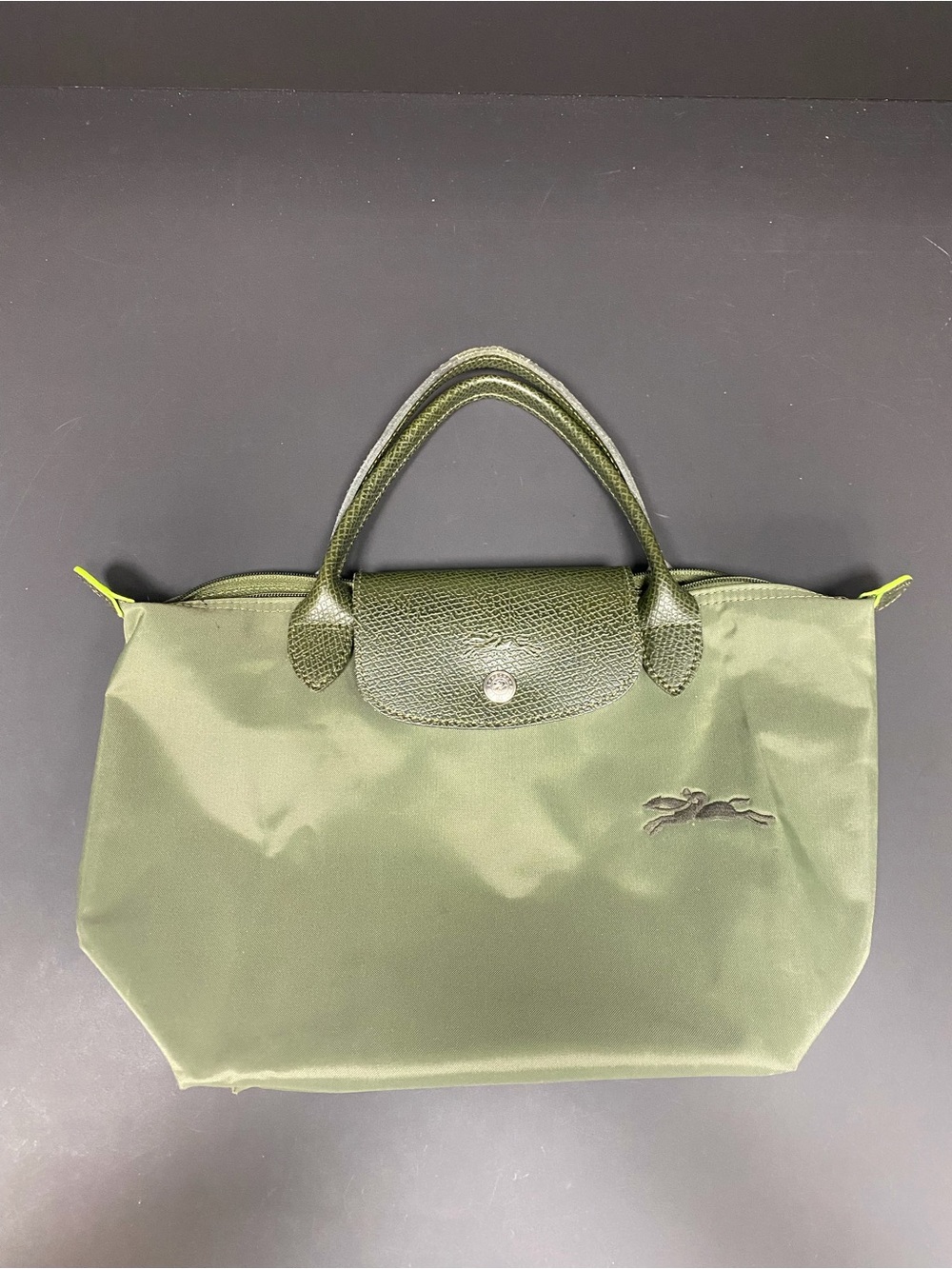 Longchamp Le Pliage Nylon and Grained Leather Bag Green Sz Small